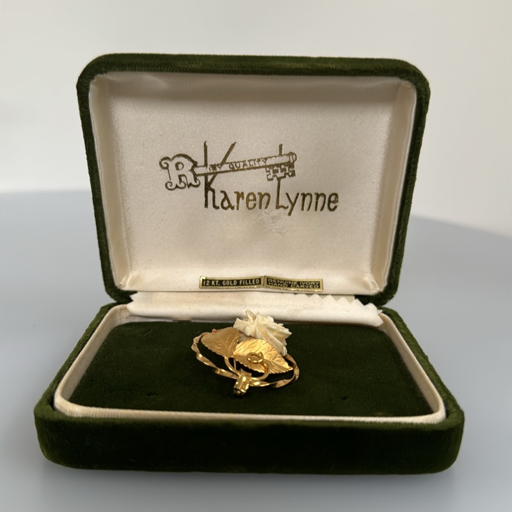 Karen Lynne 12k gold filled Genuine ivory Hand Carved flower brooch - Picture 2 of 8